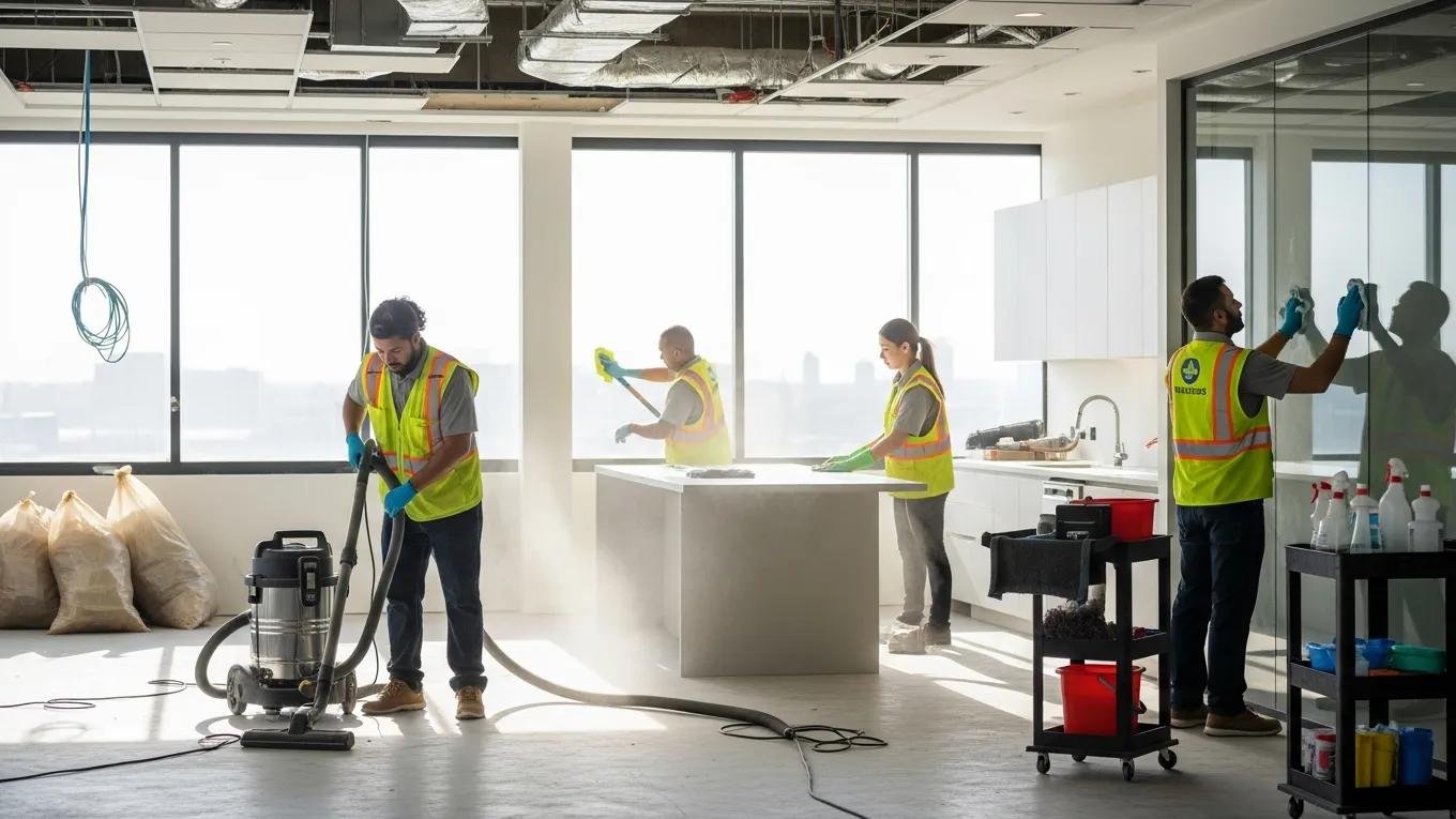 Professional cleaners finishing a post-construction cleanup in a bright commercial space
