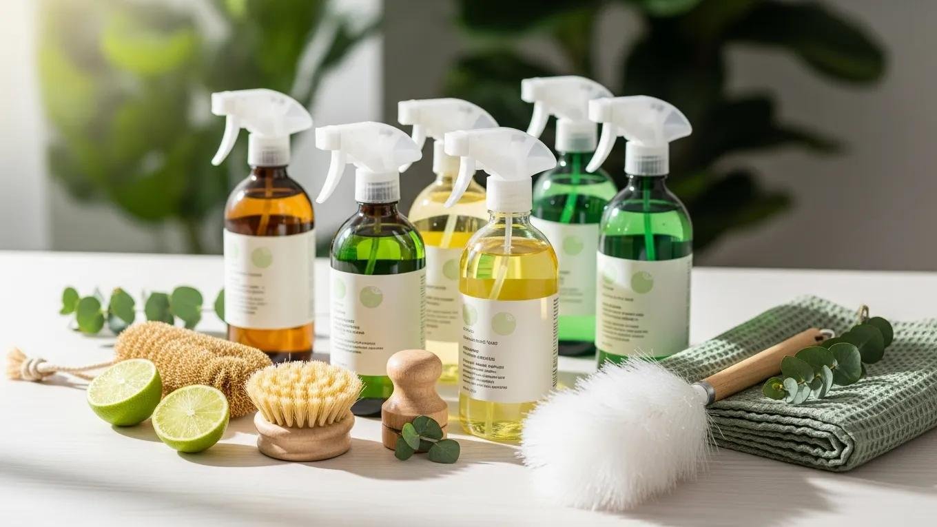 Eco-friendly cleaning products on a surface with greenery, highlighting safe and effective cleaning solutions