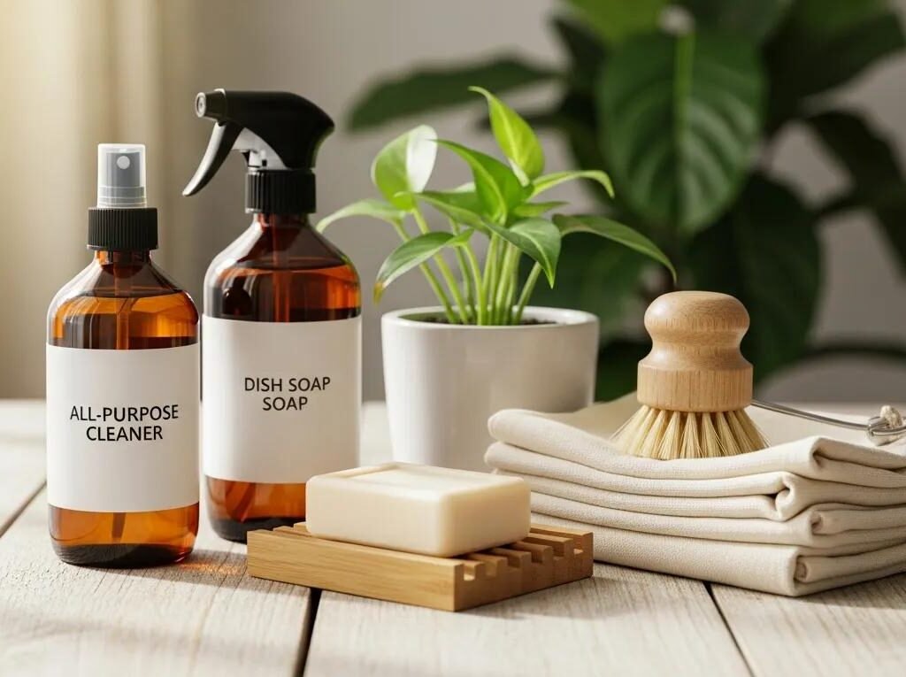 Biodegradable cleaning supplies and plants representing eco-friendly cleaning practices
