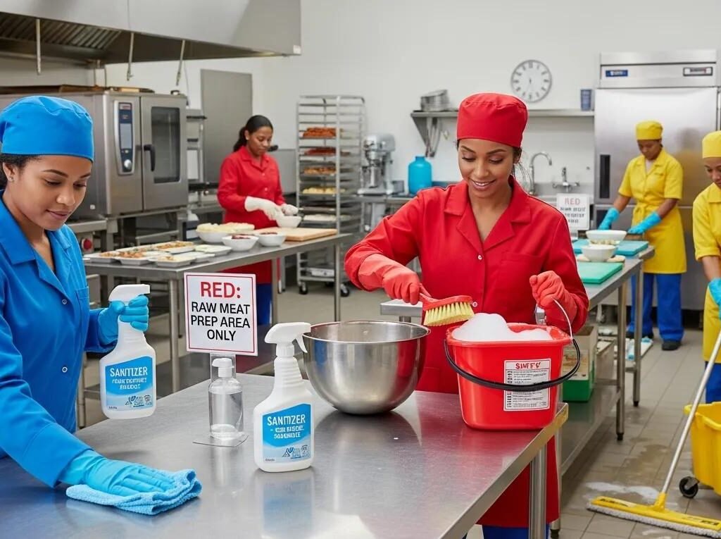 Kitchen staff following color-coded cleaning procedures to prevent cross-contamination