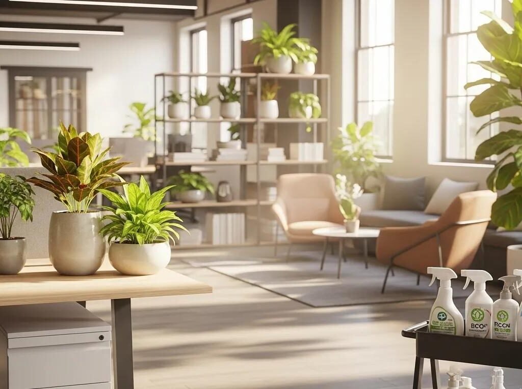 Bright office interior with plants, illustrating the connection between cleaning products and indoor air quality