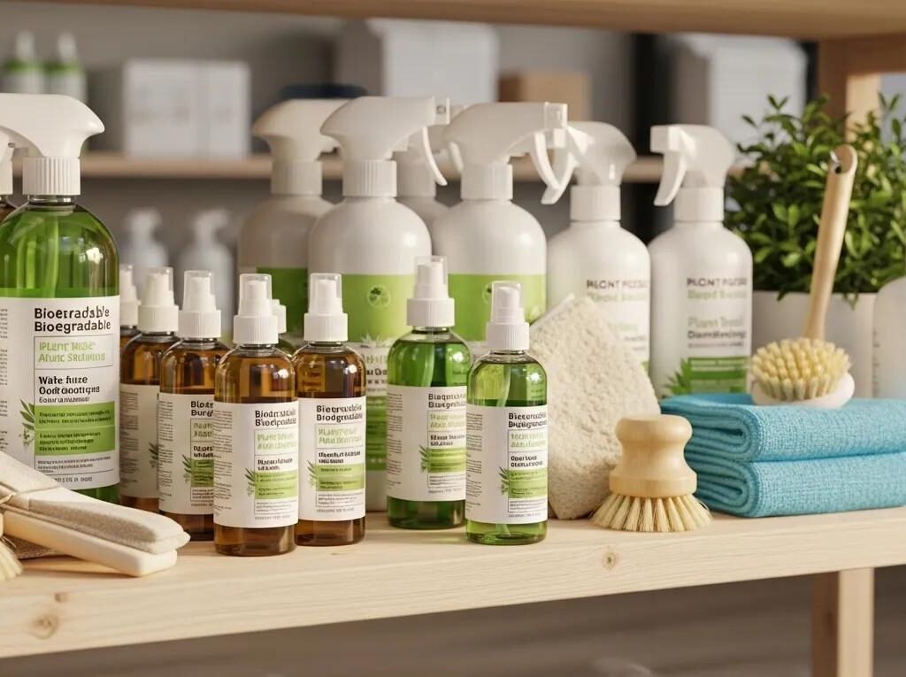 Display of eco-friendly janitorial products with notes on natural ingredients and certifications