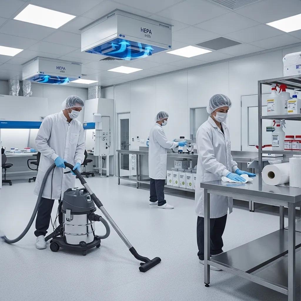Cleanroom environment in a biotech facility with professionals using specialized cleaning equipment