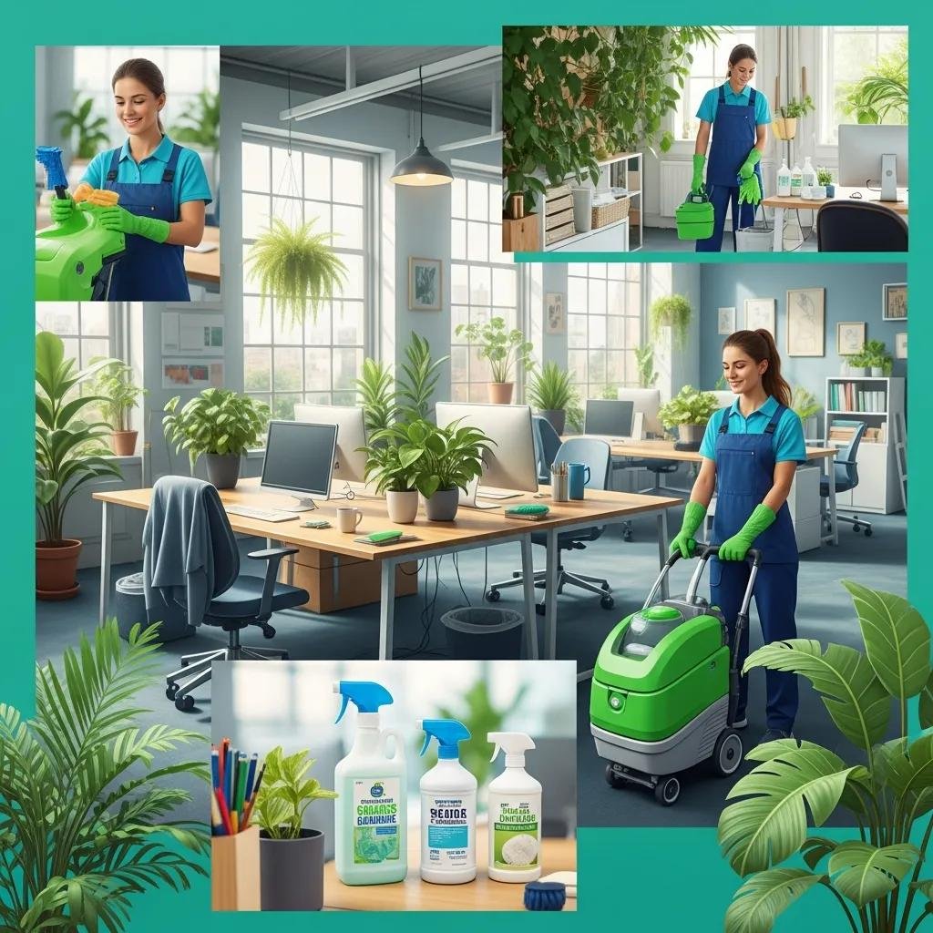 Eco-friendly office environment highlighting sustainable cleaning practices and products