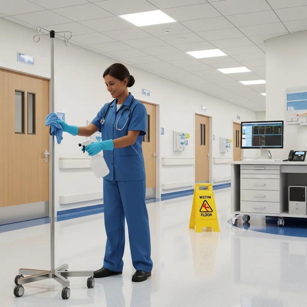 Janitorial staff cleaning in a medical facility, showcasing the importance of cleanliness