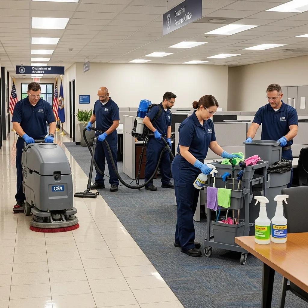 Professional cleaning team at a federal facility demonstrating compliance and efficiency in government cleaning services