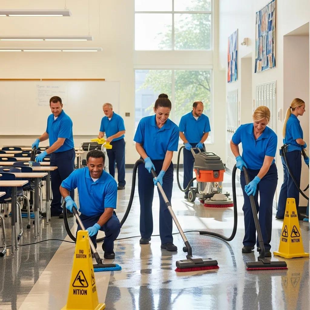 Professional cleaning team in blue uniforms sanitizing a university classroom, using mops and cleaning equipment, with caution signs present for safety.