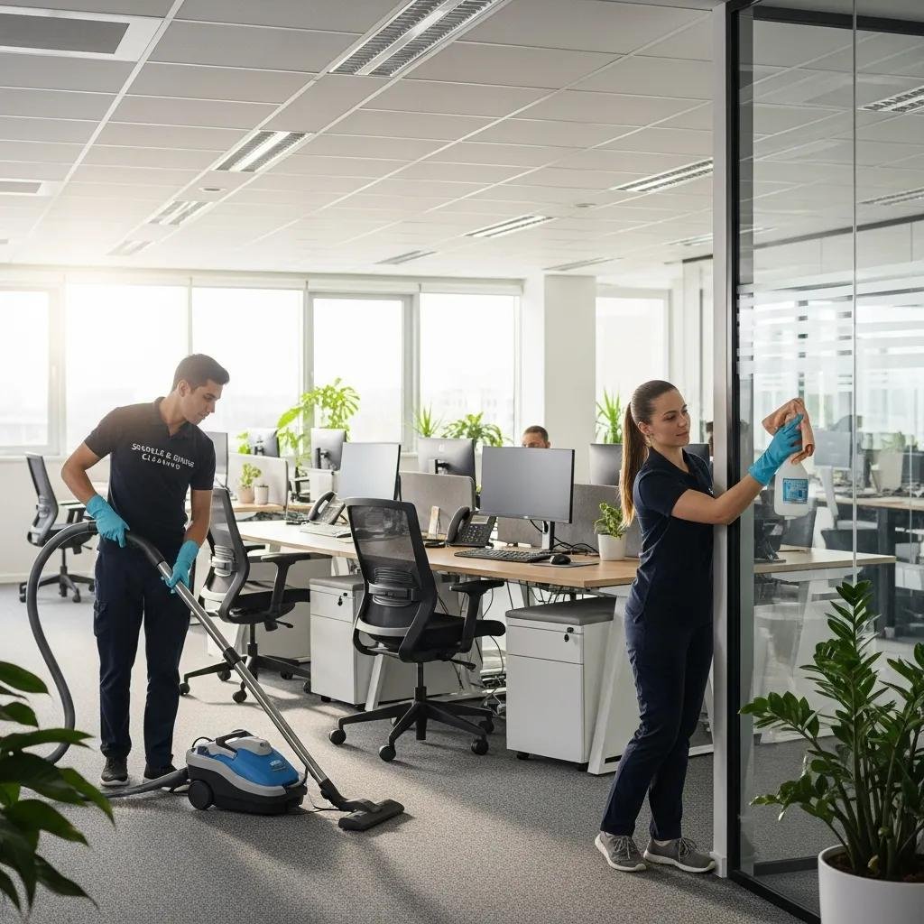 Professional cleaners vacuuming and wiping down surfaces in a modern office environment, emphasizing cleanliness and organization for Maryland businesses.