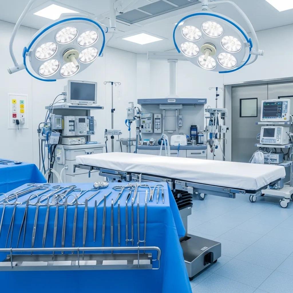 Sterile operating room with clean instruments and bright lighting