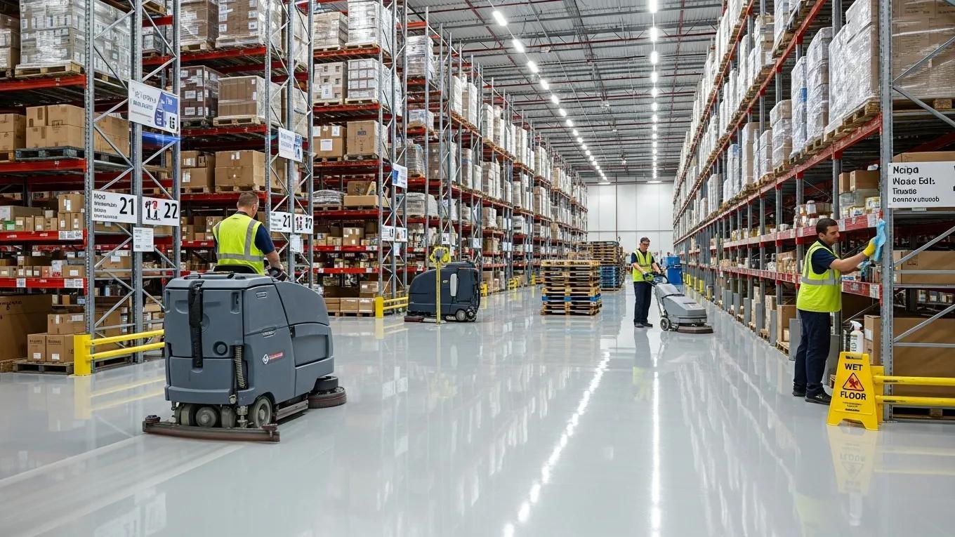 Clean and organized warehouse with professional cleaning equipment and workers