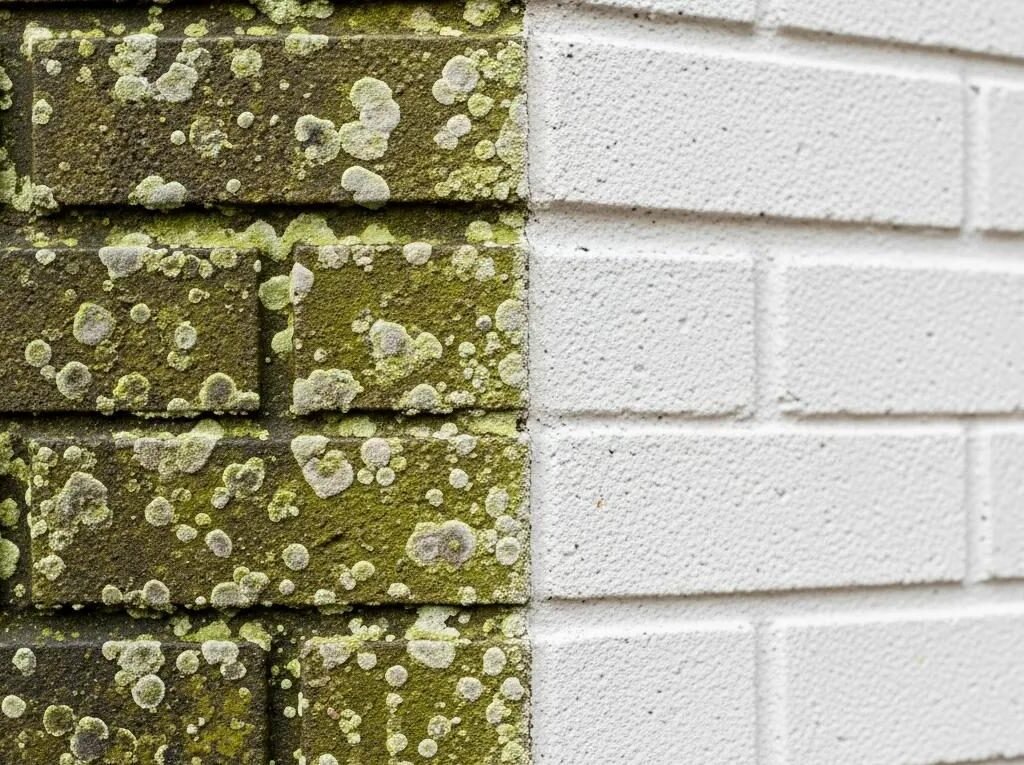 Close-up of mold and mildew on a building's exterior before and after pressure washing